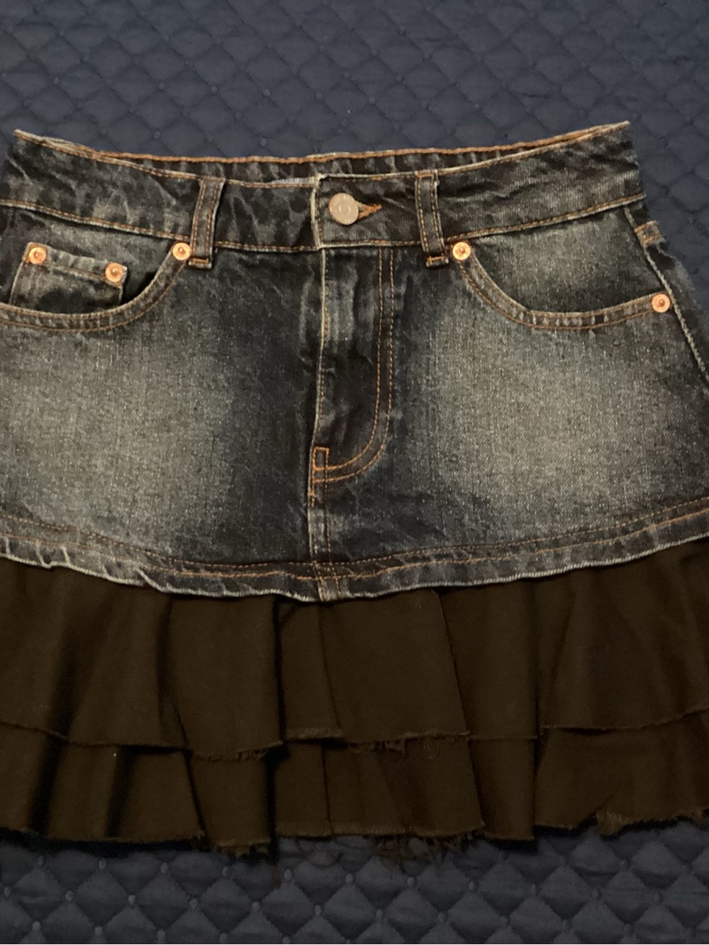 Urban Outfitters Blue Denim Mini Skirt with Black Ruffle